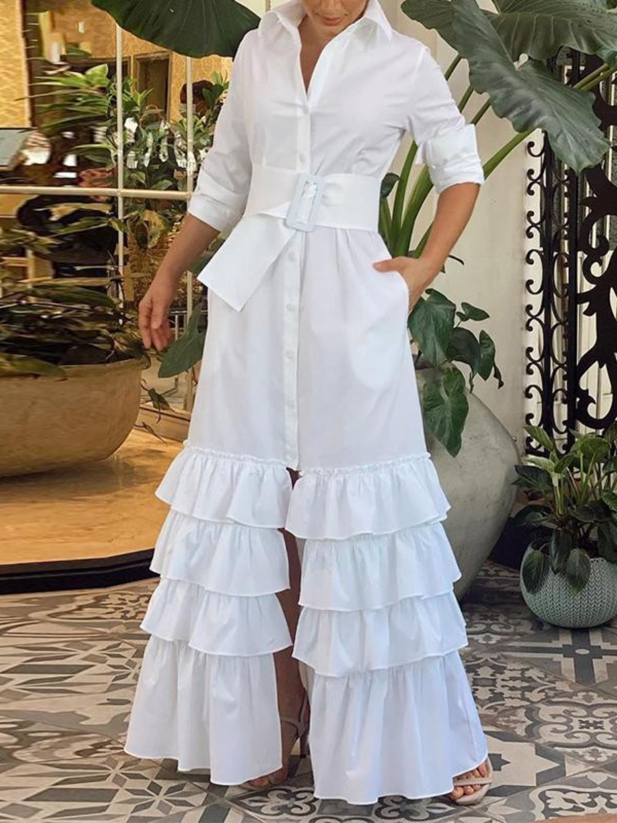 Long Solid Color Lapel Buckle Belt Dress