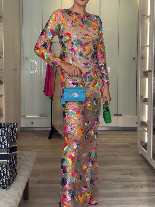 Colored Sequin Glitter Eye Slim Fit Dress