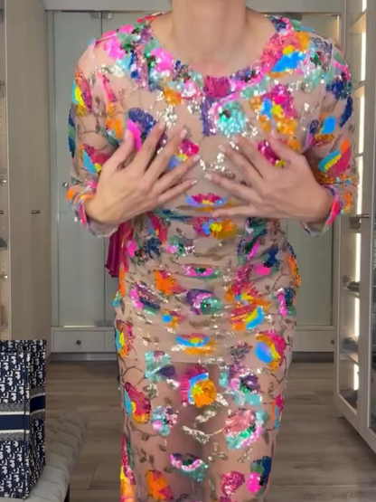 Colored Sequin Glitter Eye Slim Fit Dress