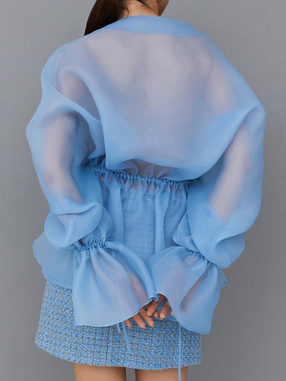 Haut cardigan à ceinture avec cordon de serrage en maille transparente tendance