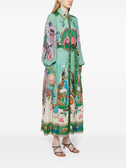 Robe chemise longue imprimée à ceinture Evergreen 
